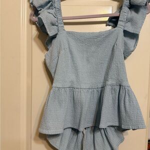 Light Blue Ruffled Sleeveless Top